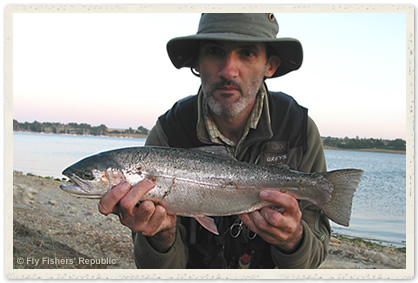 Author with fry feeding Rutland rainbow trout